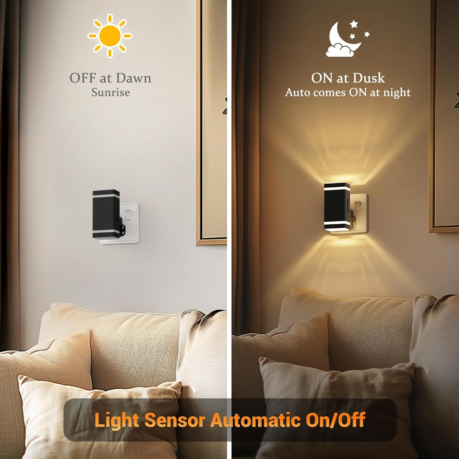 Light sensor wall lamp switch showing 'Off at Dawn' and 'On at Dusk' functions in a living room setting.