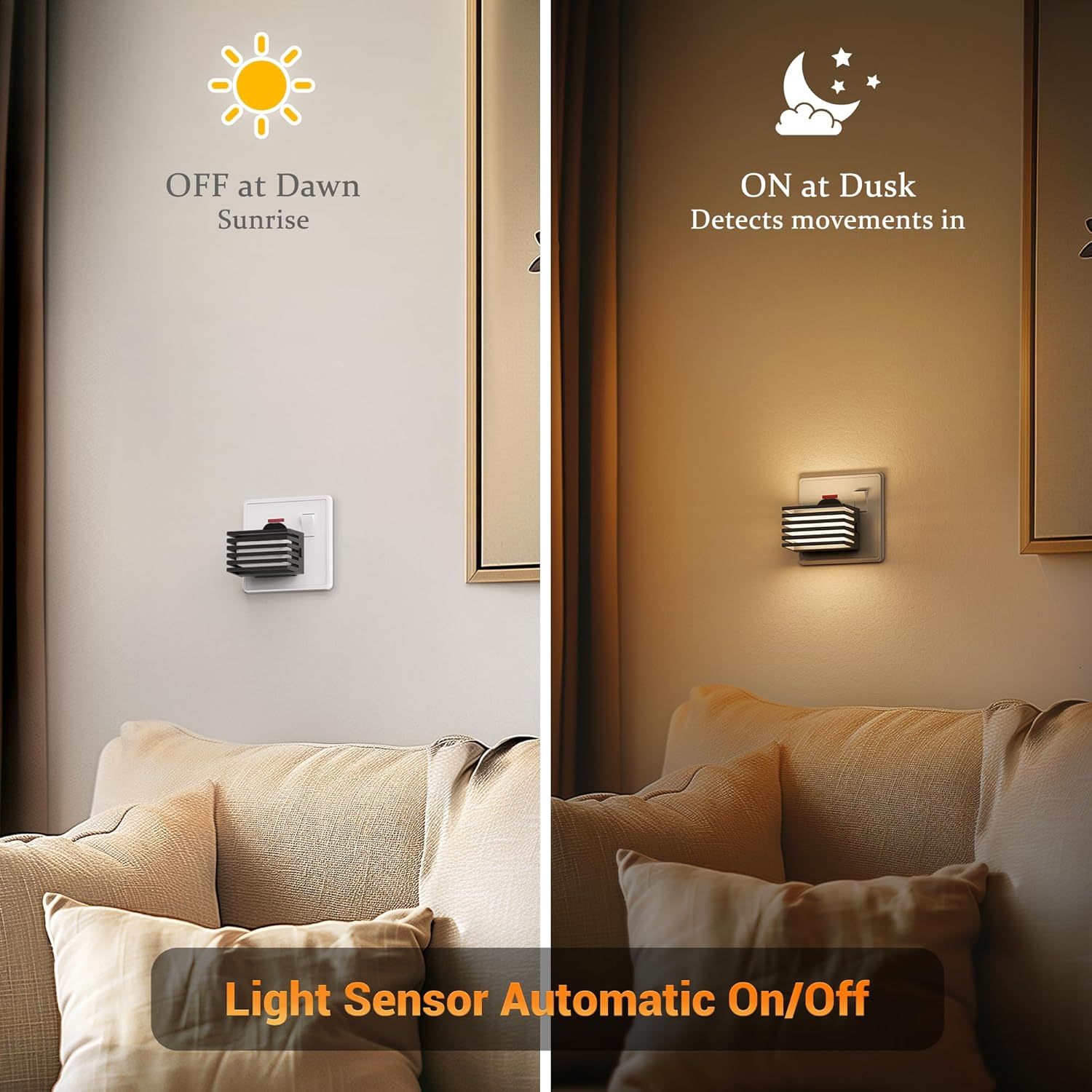 Light sensor wall light switch in a living room setting with 'Off at Dawn' and 'On at Dusk' labels.