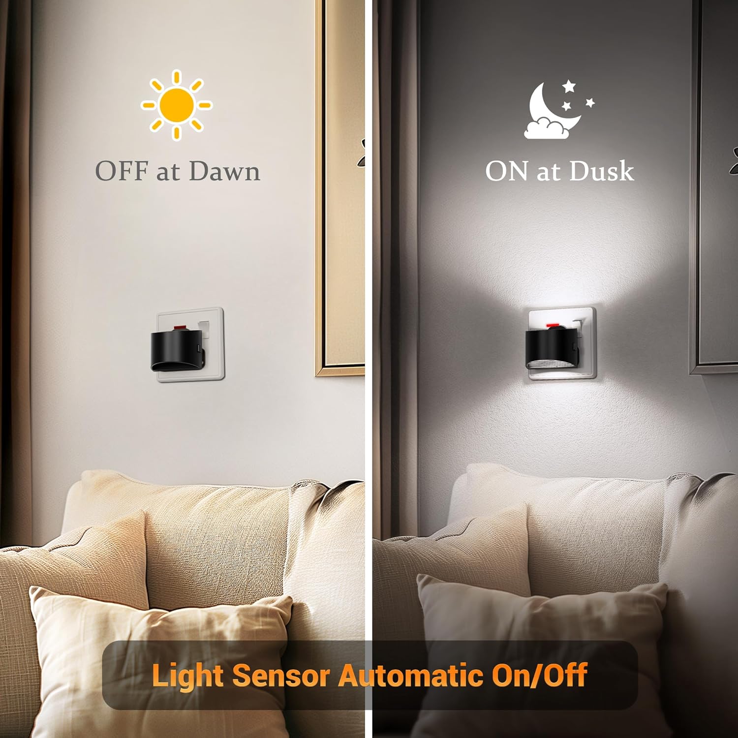 Light sensor wall lights on a couch with 'Off at Dawn' and 'On at Dusk' labels.