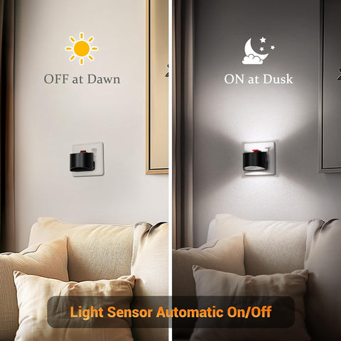 Light sensor wall lights on a couch with 'Off at Dawn' and 'On at Dusk' labels.