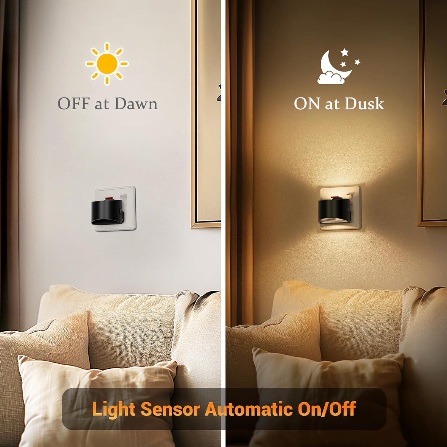 Light sensor wall sconce switching from 'Off at Dawn' to 'On at Dusk' in a living room setting.