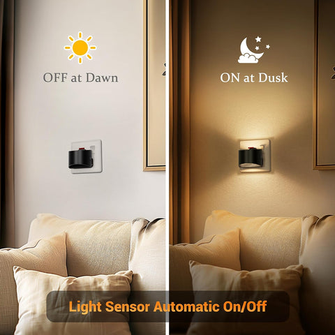 Light sensor wall sconce switching from 'Off at Dawn' to 'On at Dusk' in a living room setting.