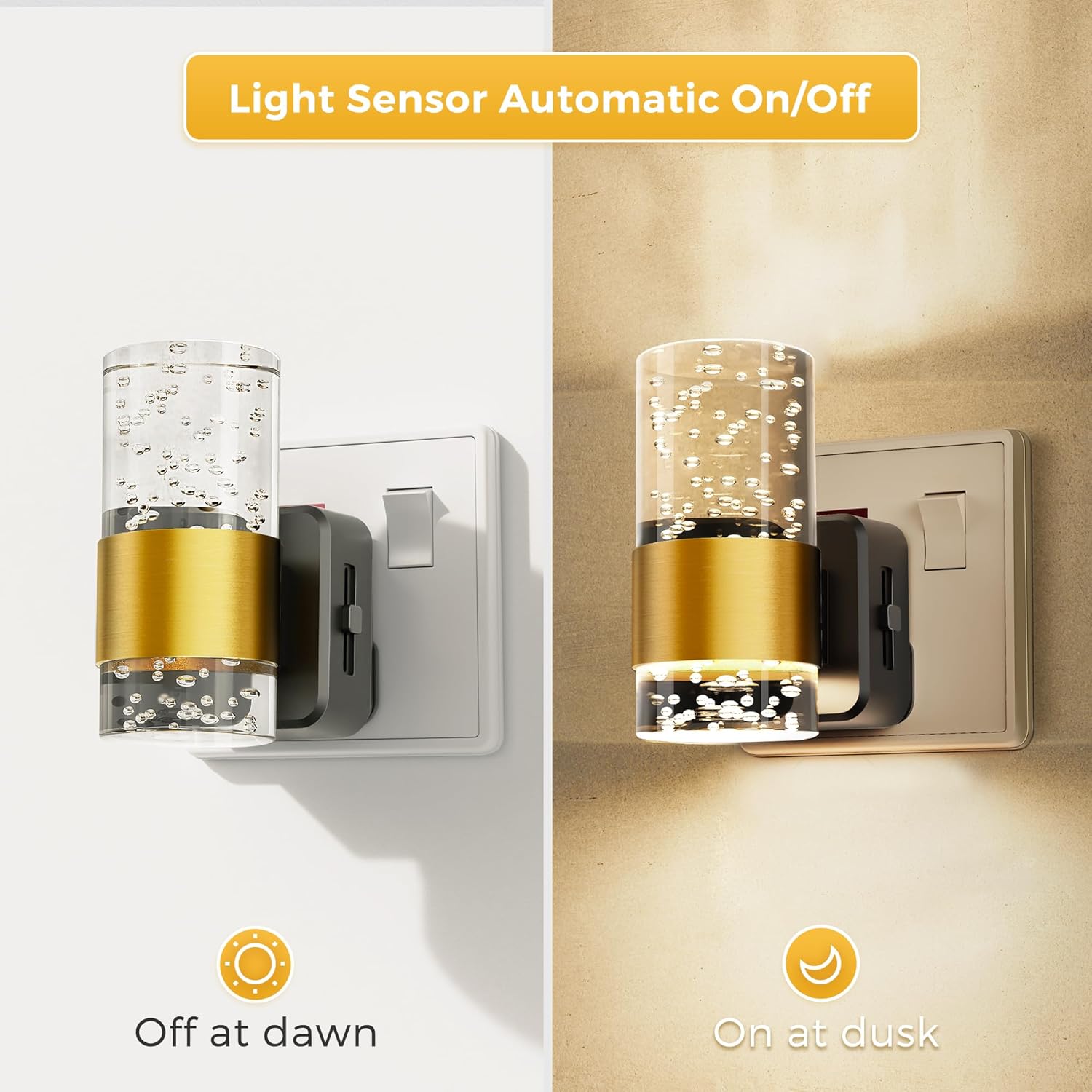Light sensor wall sconce with automatic on/off feature on a white and beige background.