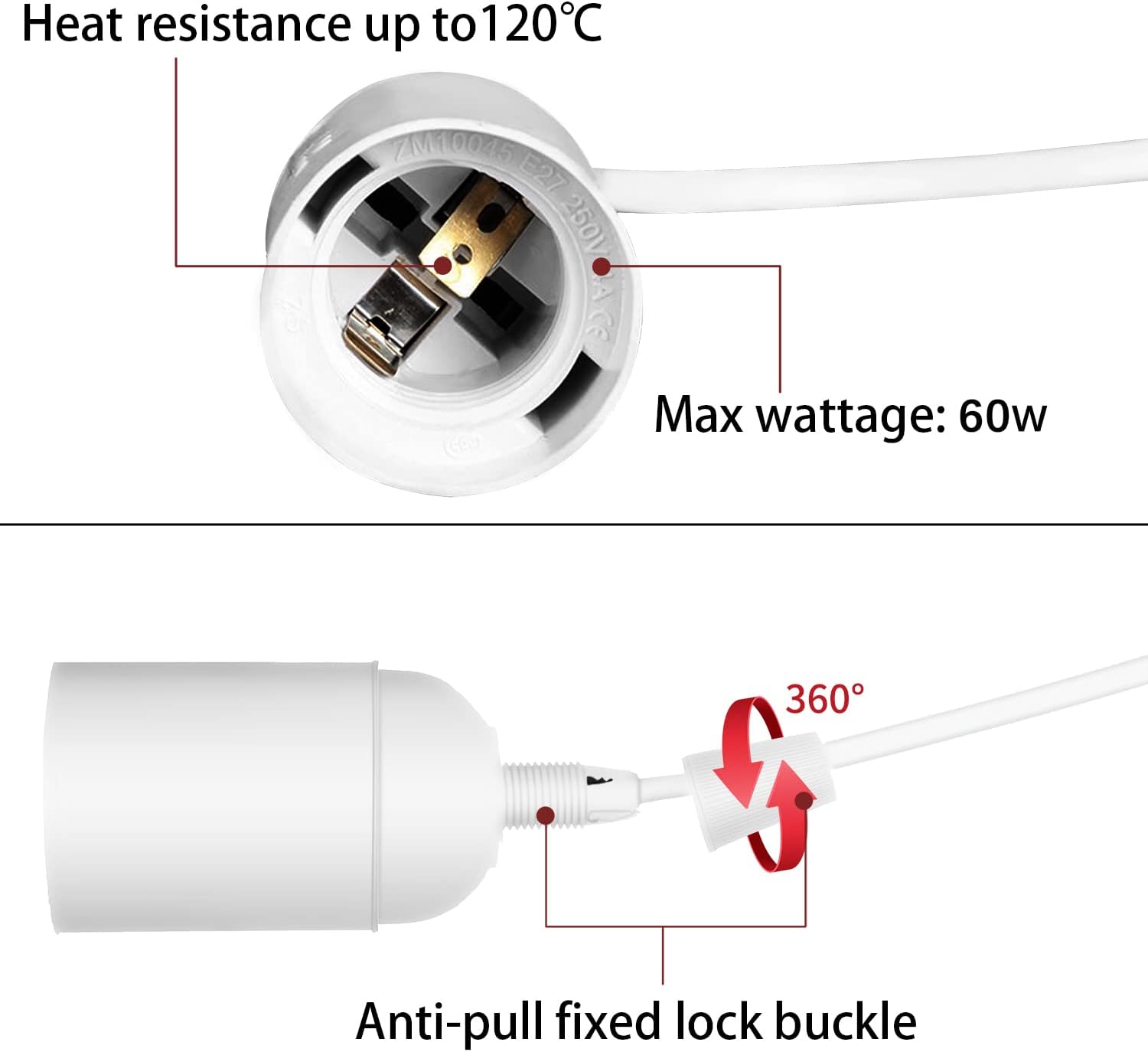 Light socket with cable, showing heat resistance, wattage, and lock buckle features.