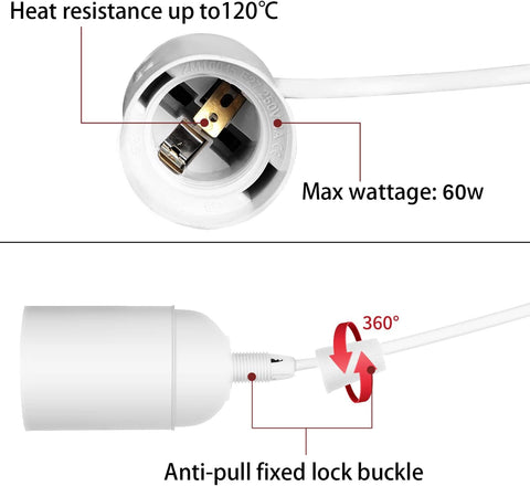 Light socket with cable, showing heat resistance, wattage, and lock buckle features.