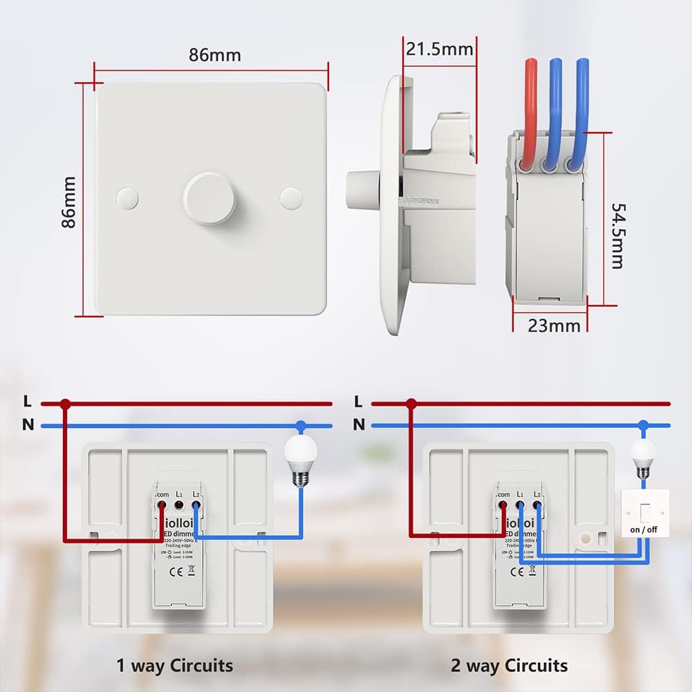 Light switch diagram with dimensions and wiring instructions on a blurred background