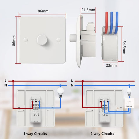 Light switch diagram with dimensions and wiring instructions on a blurred background
