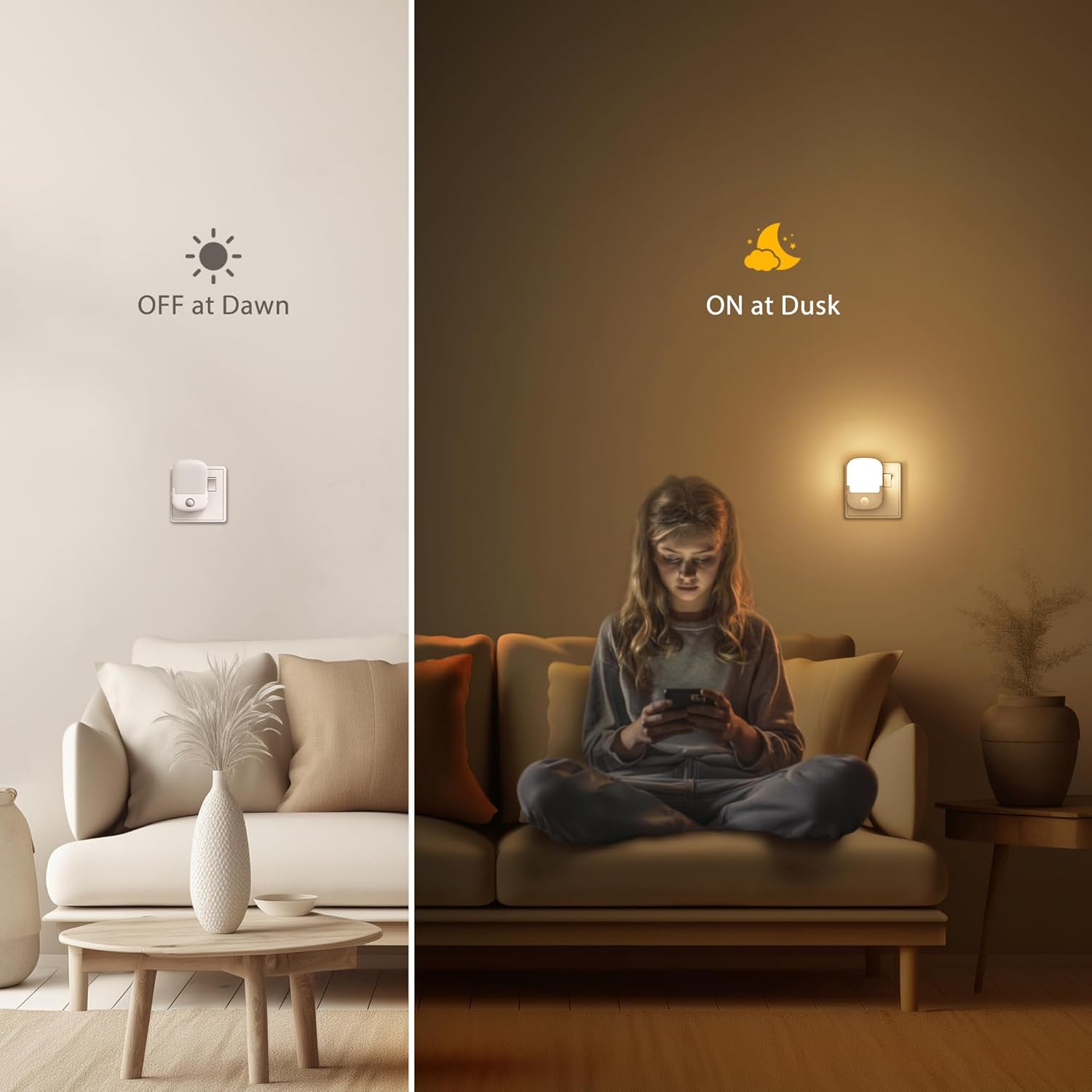 Light switch labeled 'OFF at Dawn' on a neutral wall next to a person using a phone in a dimly lit room with 'ON at Dusk' lighting.