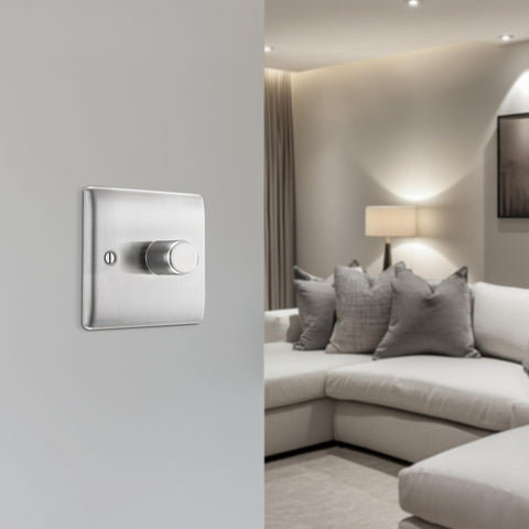 Light switch panel on a wall with a living room in the background