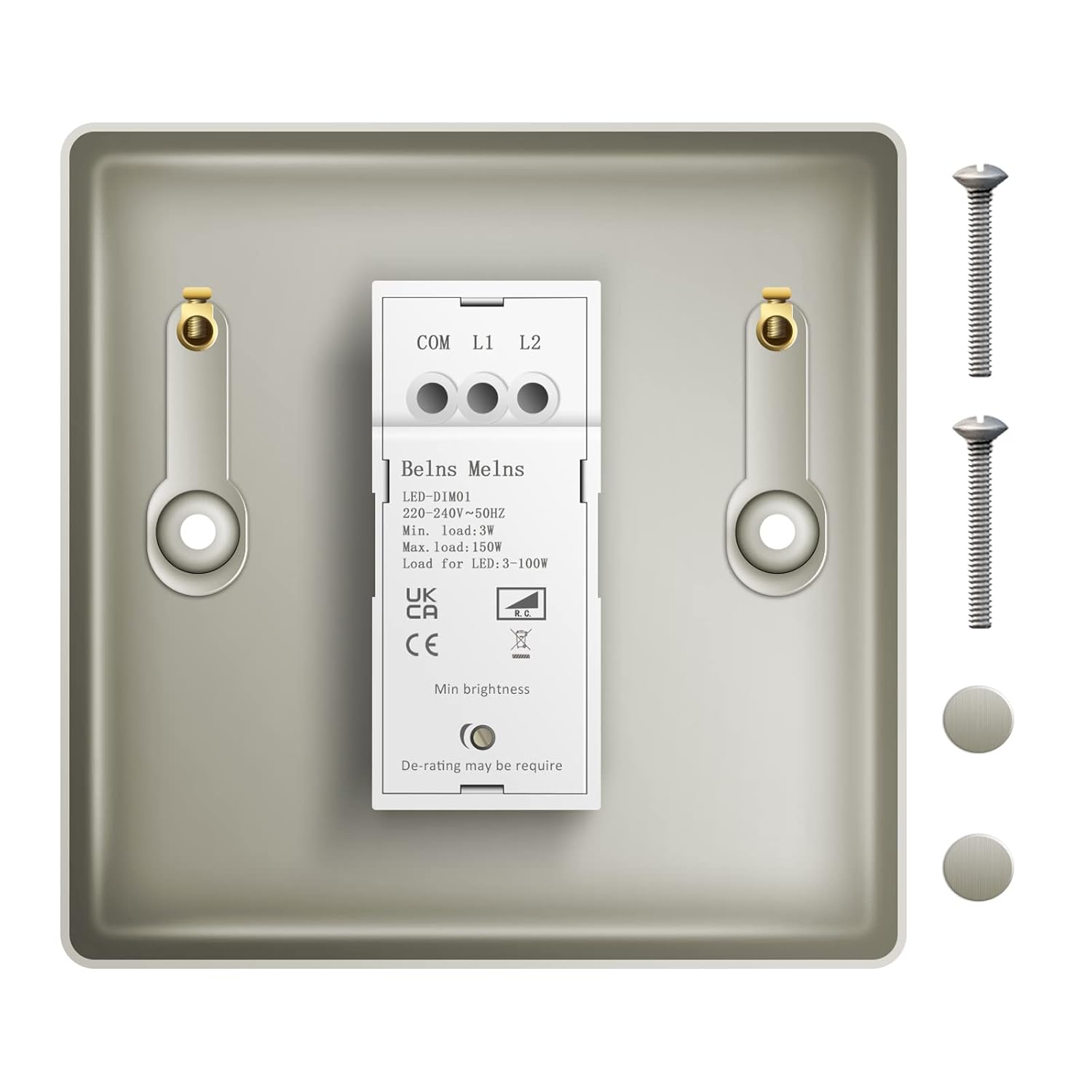 Light switch panel with screws and mounting bracket on a white background