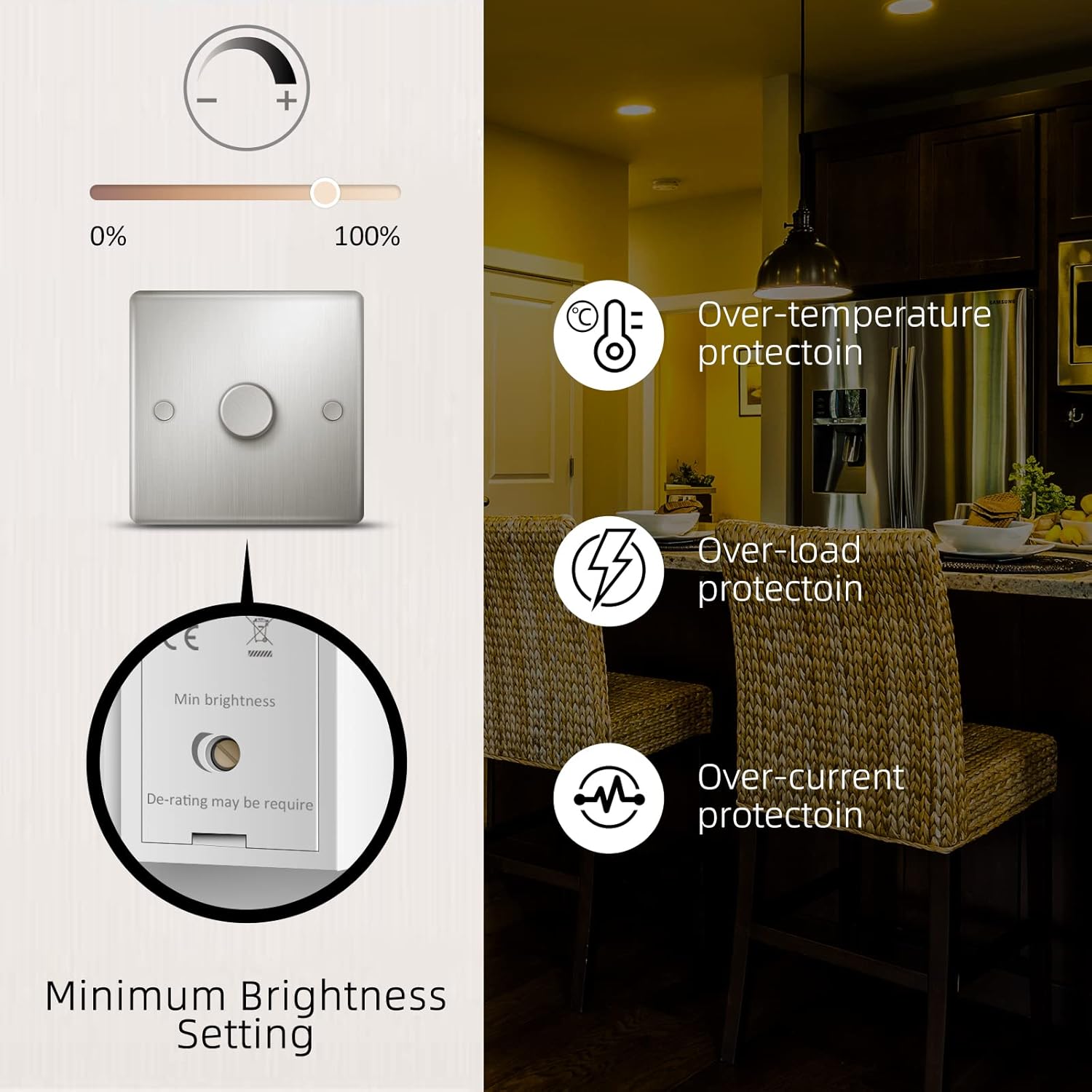 Light switch with brightness control and safety features displayed in a kitchen setting.
