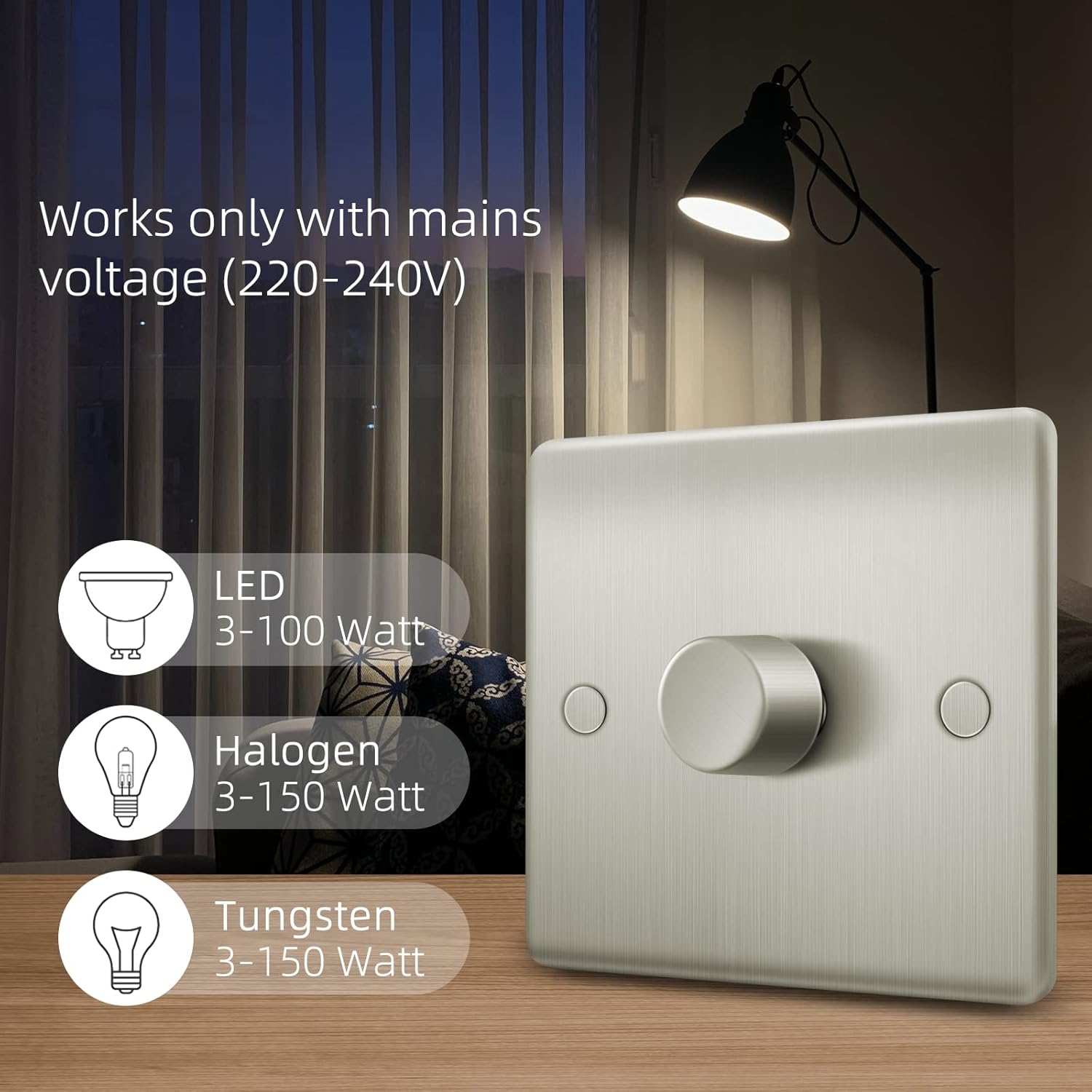 Light switch with LED, Halogen, and Tungsten wattage information on a wooden surface.