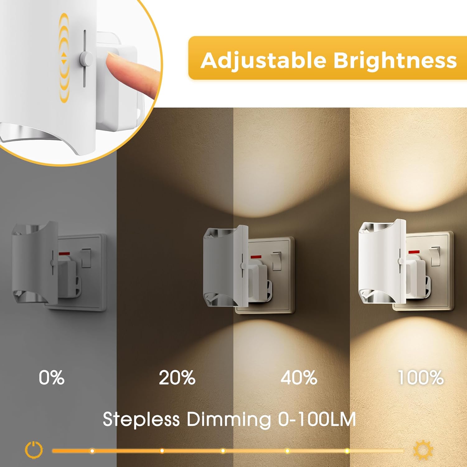 Light switch with adjustable brightness feature, showing stepless dimming from 0% to 100%.