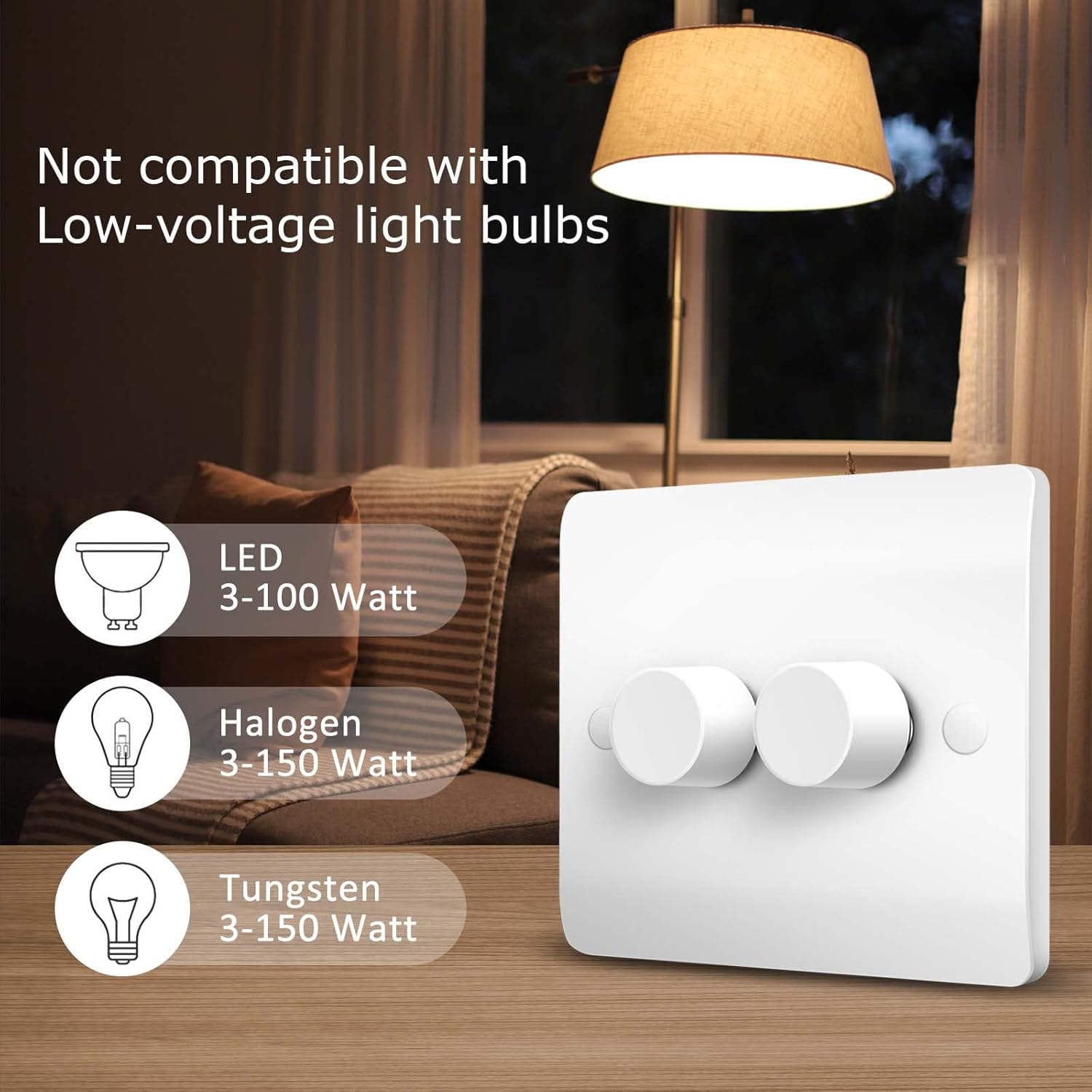 Light switch with compatibility information for LED, Halogen, and Tungsten bulbs in a home setting.