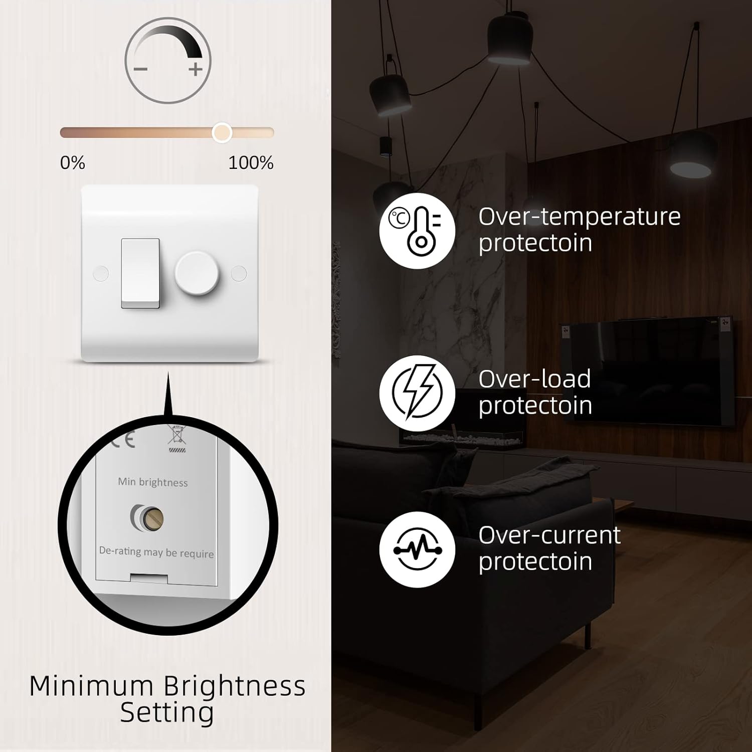 Light switch with features highlighted on a dark background