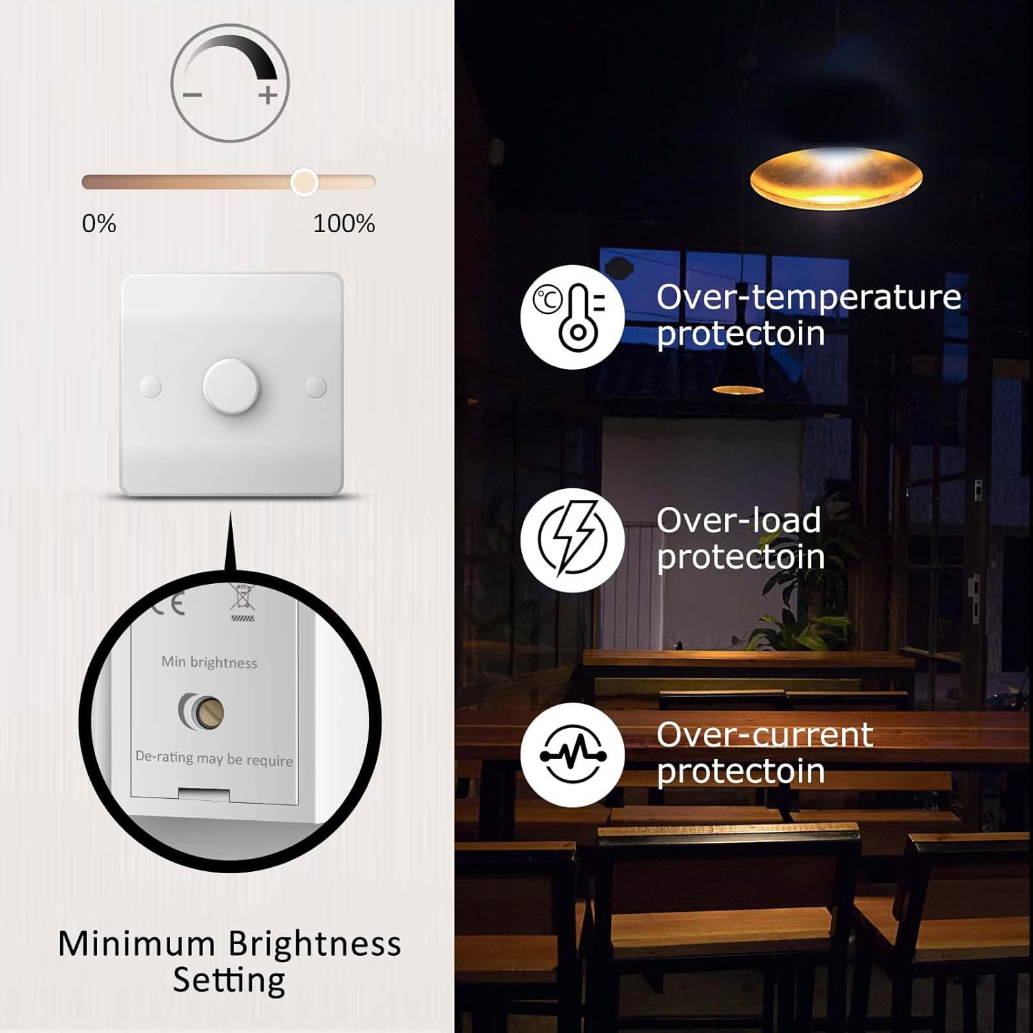 Light switch with minimum brightness setting and features like over-temperature, over-load, and over-current protection.