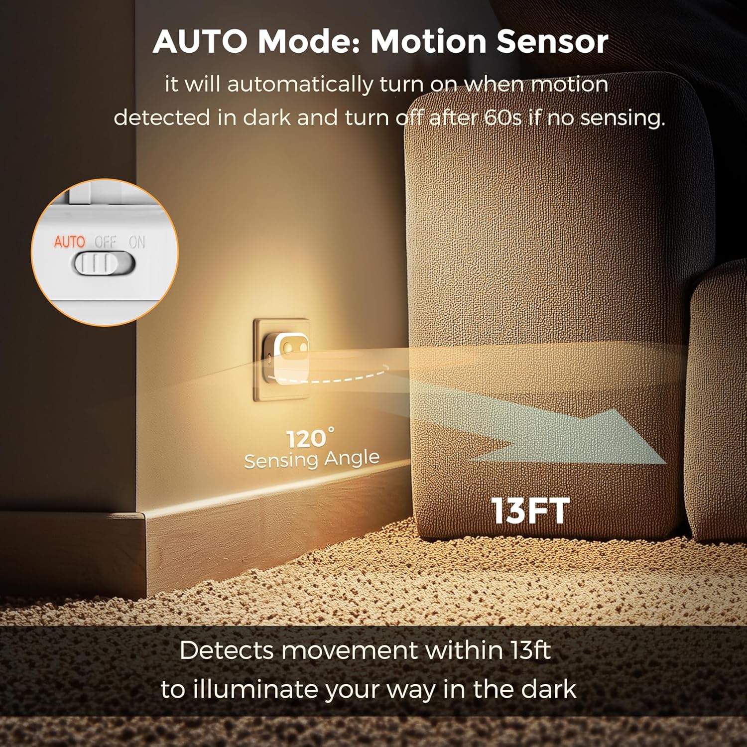 Light switch with motion sensor feature, illuminating a dark area, on a brown couch.