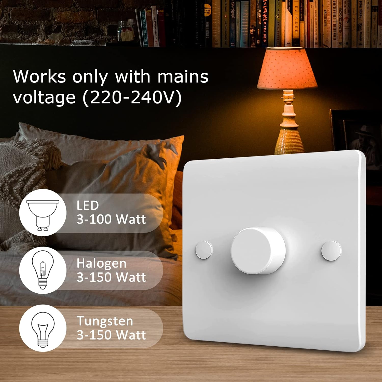 Light switch with compatibility information for LED, Halogen, and Tungsten bulbs in a home setting.