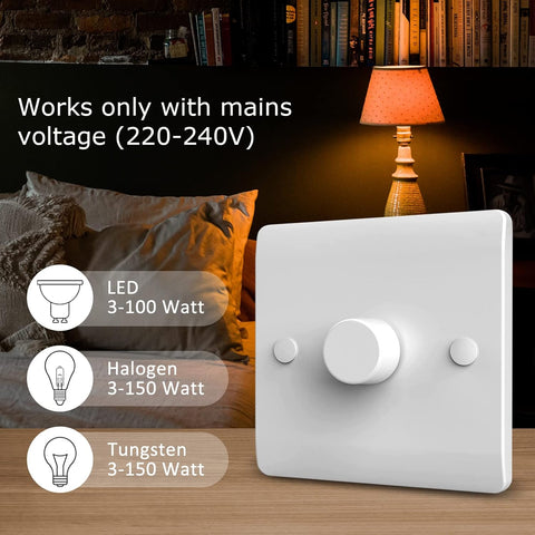 Light switch with compatibility information for LED, Halogen, and Tungsten bulbs in a home setting.