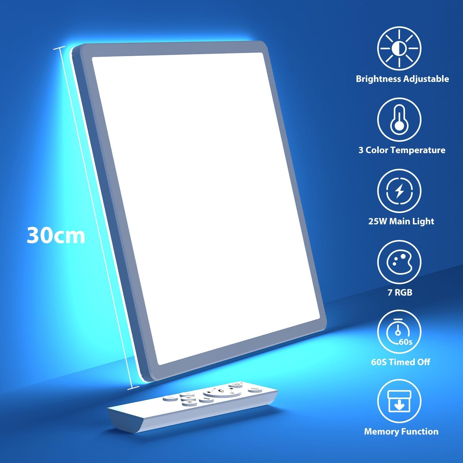 Light therapy panel with remote control on a blue background, featuring brightness adjustable and color temperature options.