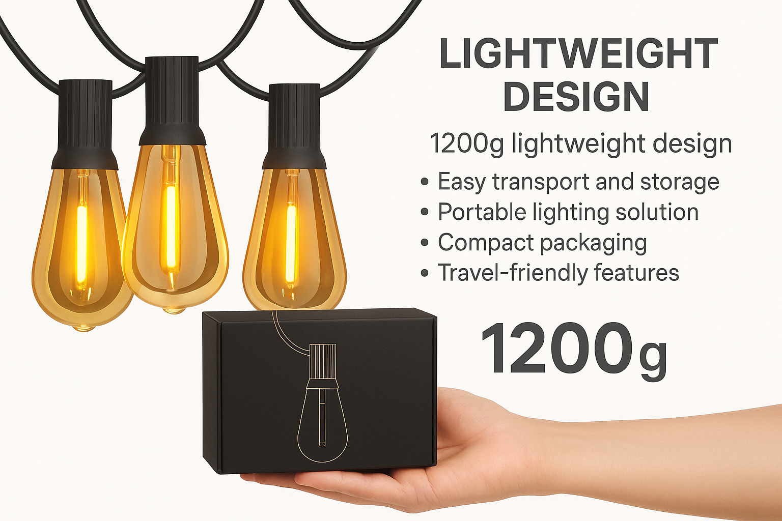 Lightbulbs with packaging and text highlighting lightweight design and features on a white background