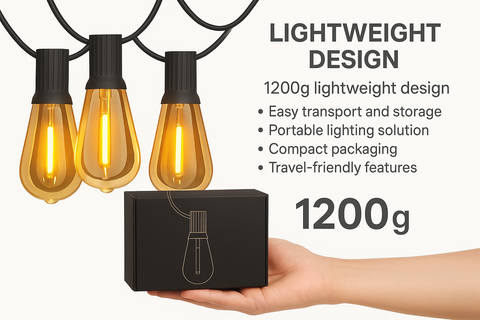Lightbulbs with packaging and text highlighting lightweight design and features on a white background