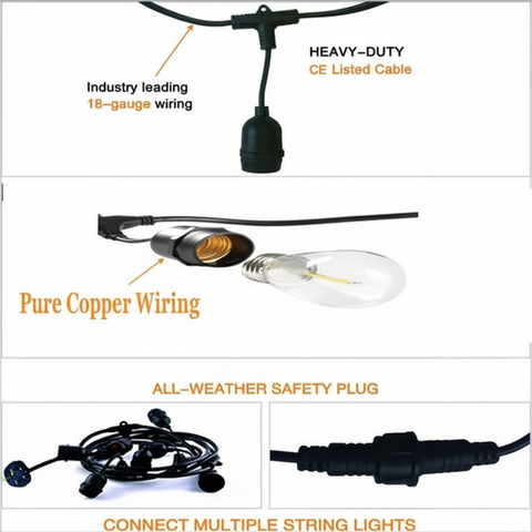 Lighting cable with features highlighted on a white background