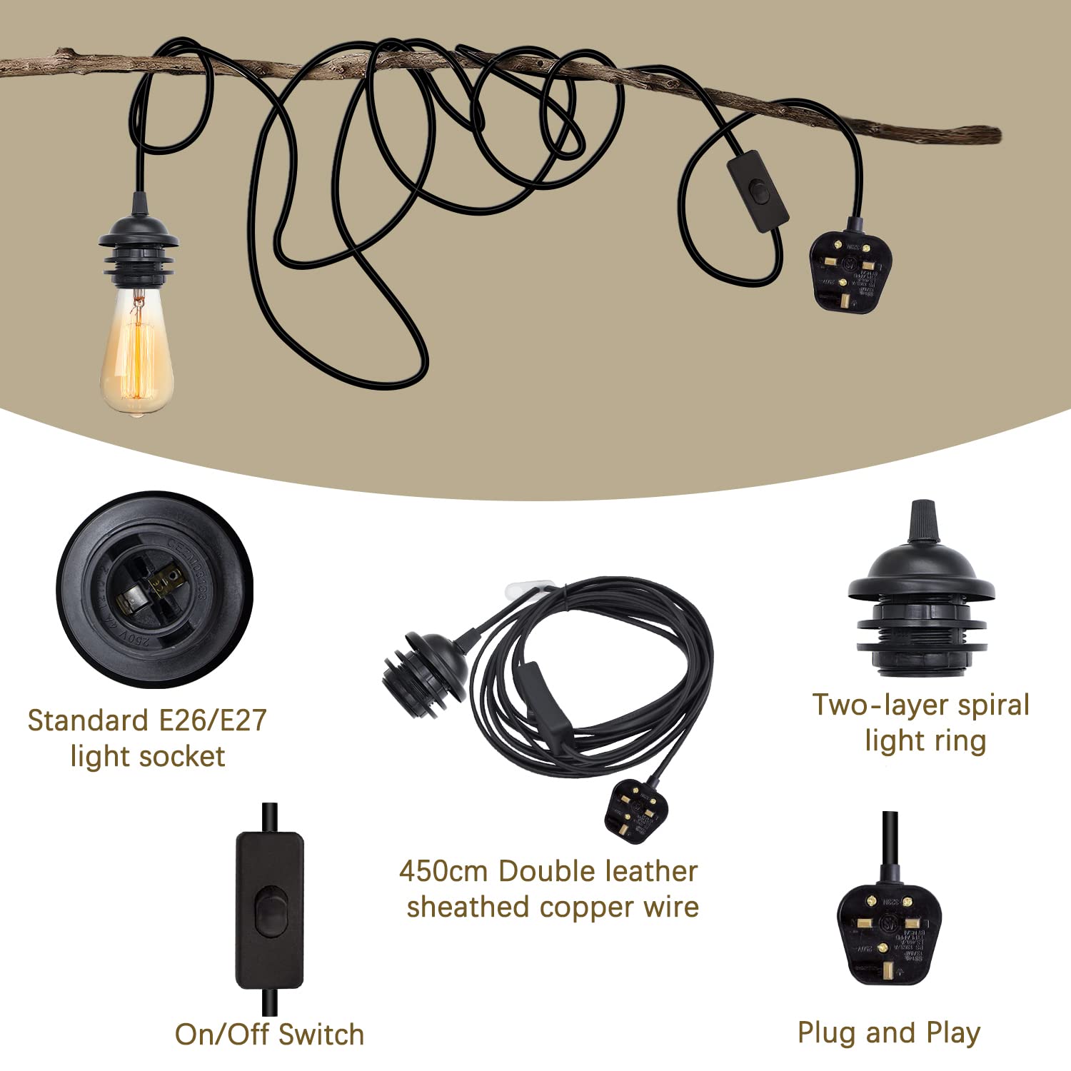 Lighting components including a light socket, wire, switch, and plug on a beige background.