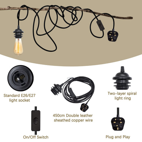 Lighting components including a light socket, wire, switch, and plug on a beige background.