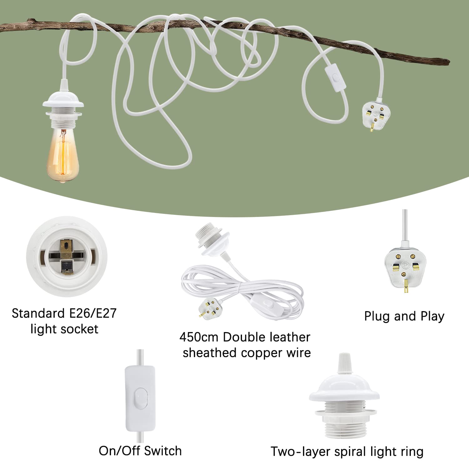 Lighting components including a light socket, wire, switch, and spiral light ring on a green background.