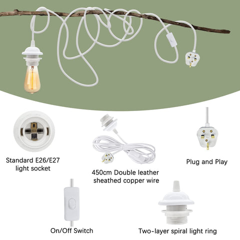 Lighting components including a light socket, wire, switch, and spiral light ring on a green background.