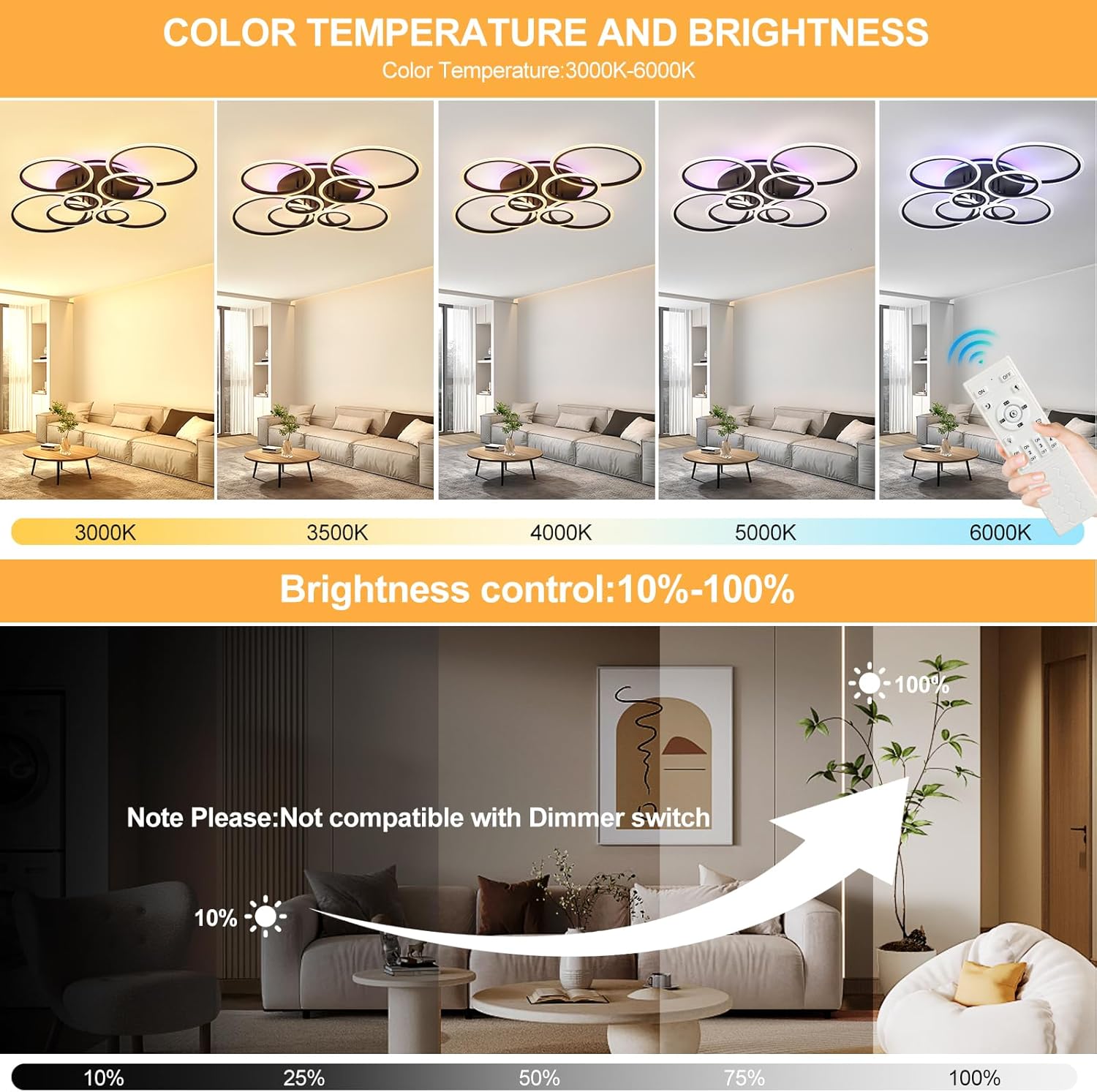 Lighting control demonstration with color temperature and brightness adjustment in a living room setting.