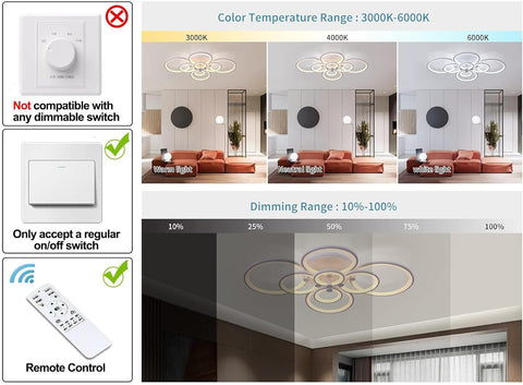 Lighting control system with color temperature range, compatibility information, and dimming range displayed.