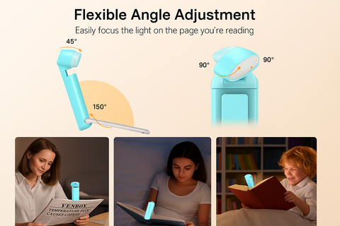 Lighting device with adjustable angle for reading, shown in use cases.