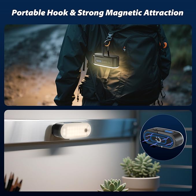Lighting device with magnetic attachment feature, used on a backpack and attached to a metal surface.
