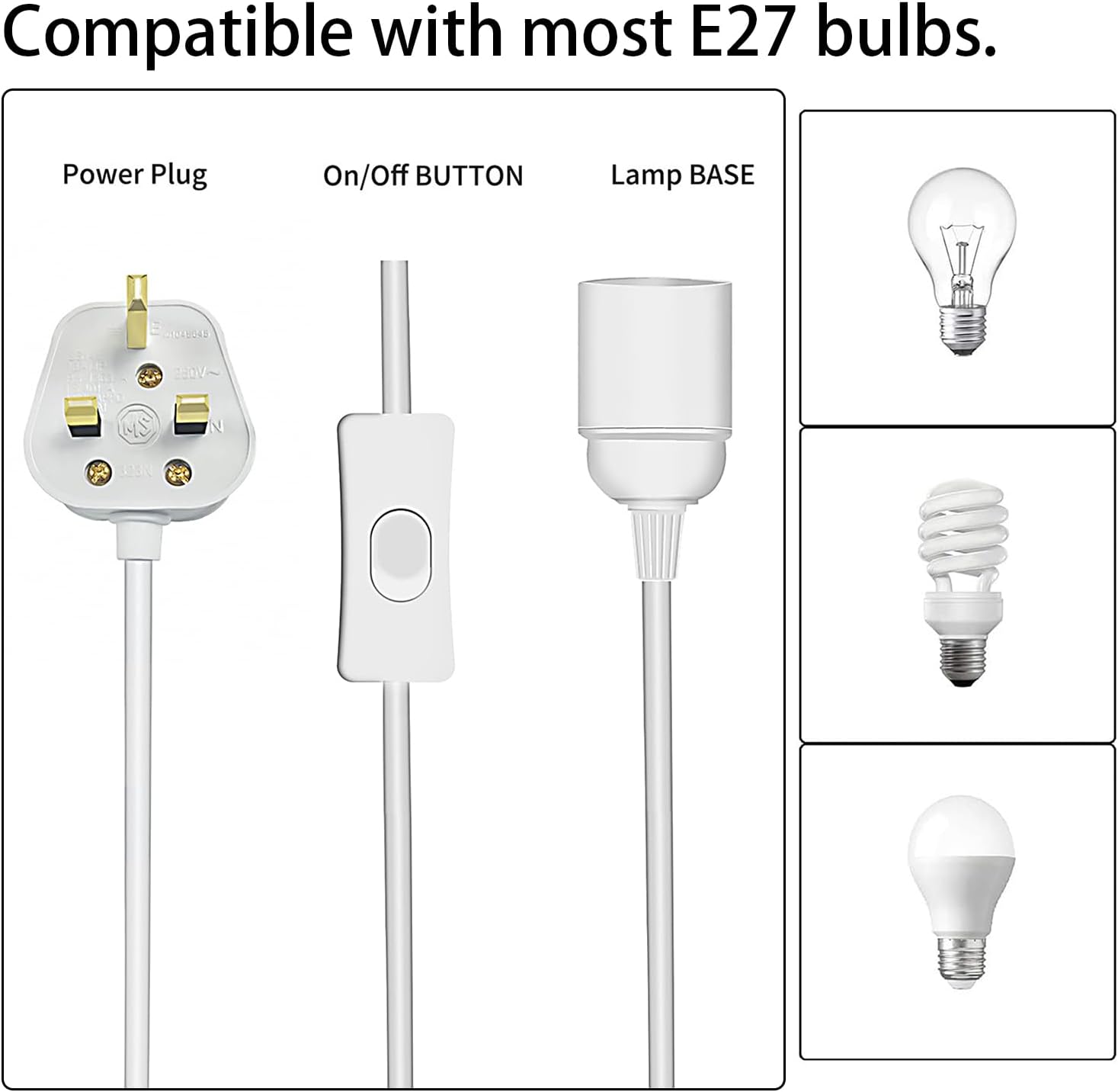 Lighting fixture components with E27 bulb compatibility on a white background