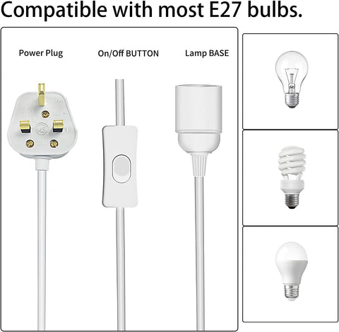 Lighting fixture components with E27 bulb compatibility on a white background