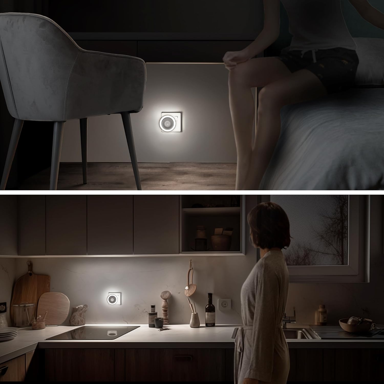 Lighting fixture on a wall with a person sitting on a bed, and another in a kitchen.
