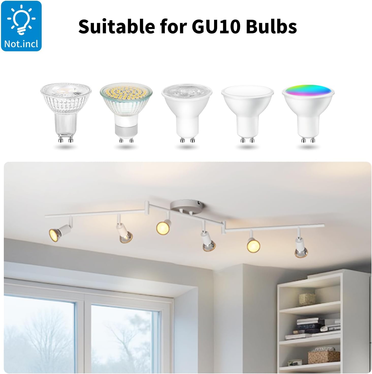 Lighting fixture with GU10 bulb compatibility on a white background