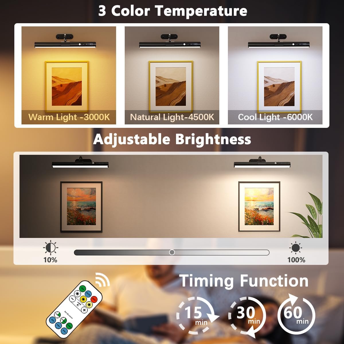 Lighting fixture with adjustable brightness and color temperature options, shown in a home setting.