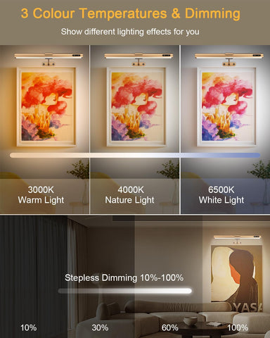 Lighting fixture with color temperature and dimming options displayed in a room setting.