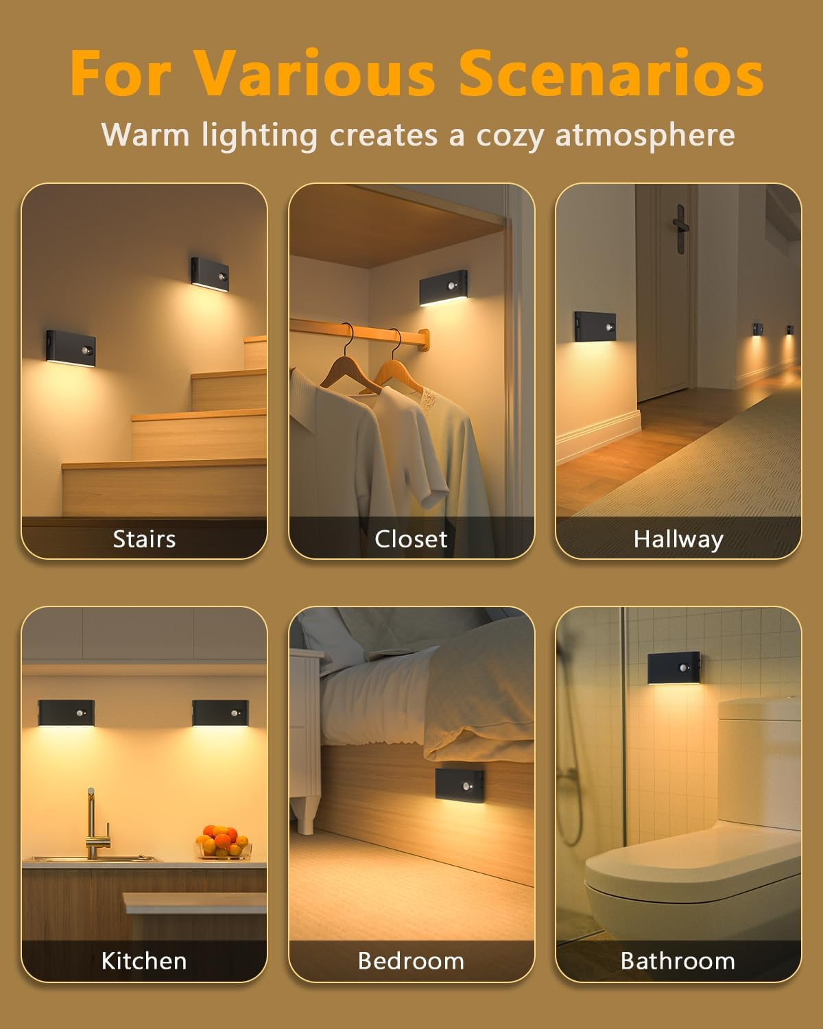 Lighting fixtures in various indoor settings with text 'For Various Scenarios' and 'Warm lighting creates a cozy atmosphere'.