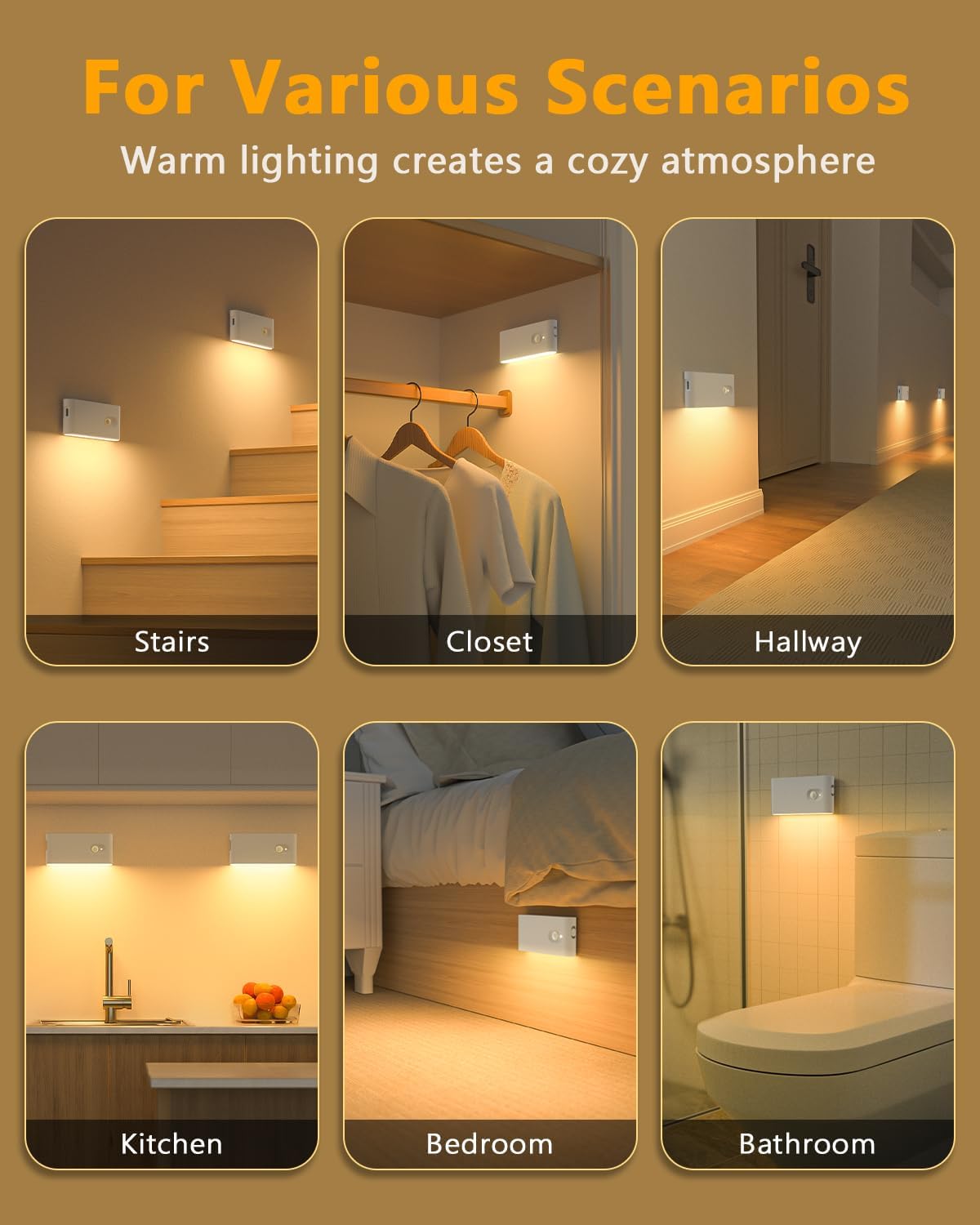 Lighting fixtures in various rooms with text 'For Various Scenarios' and 'Warm lighting creates a cozy atmosphere'.