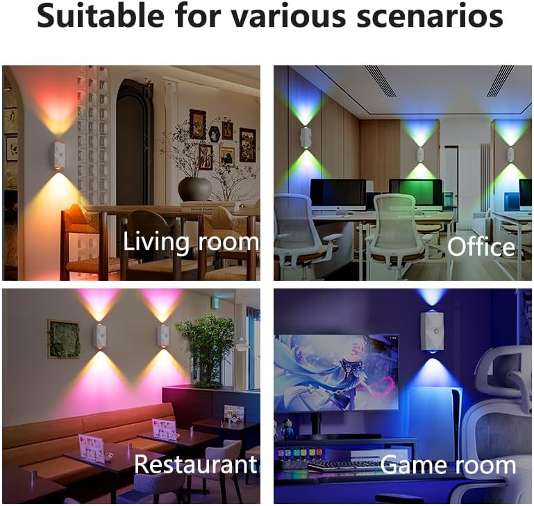 Lighting fixtures in various settings including a living room, office, restaurant, and game room.