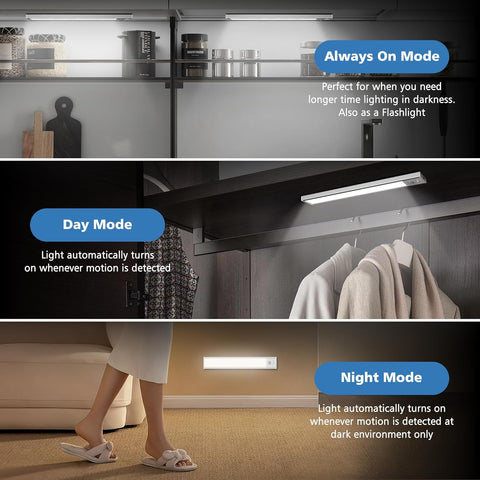 Lighting system with 'Always On', 'Day', and 'Night' modes in a home setting.