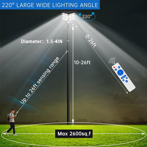 Lighting system with wide lighting angle, remote control, and specifications on a grassy field.