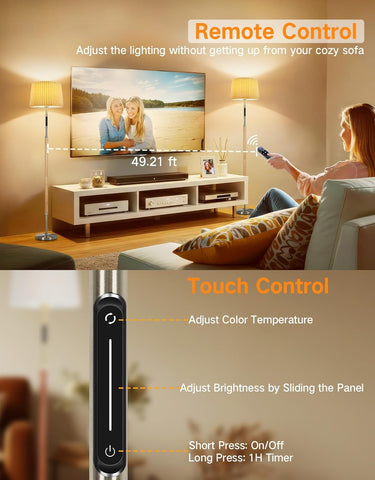 Living room scene with a woman using a remote control to adjust lighting, featuring text on remote control features.