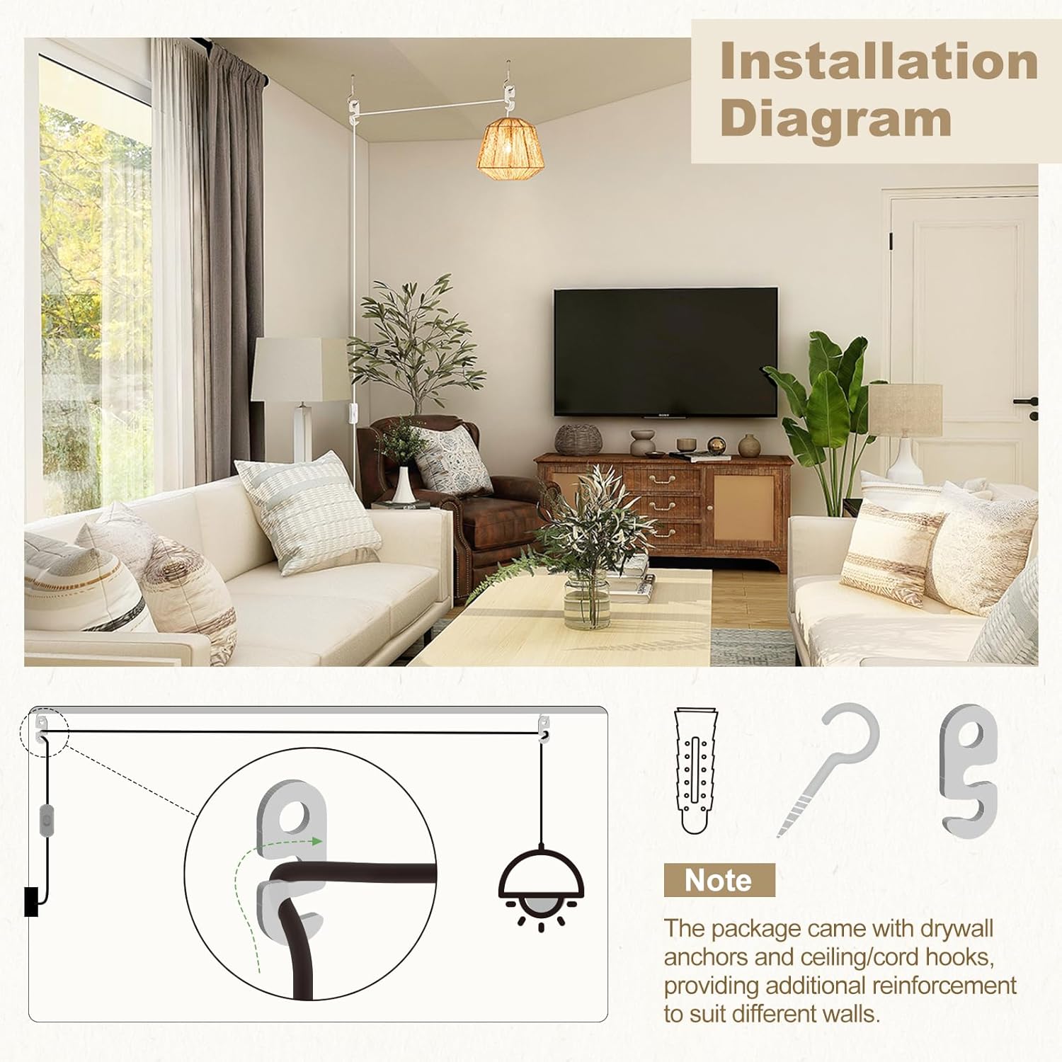 Living room setup with furniture and a TV, featuring an installation diagram for a light fixture.