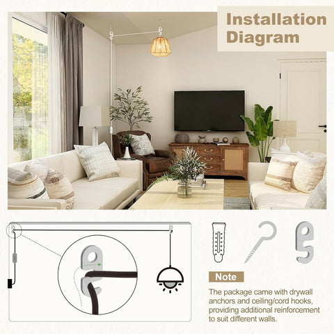 Living room setup with furniture and a TV, featuring an installation diagram for a light fixture.