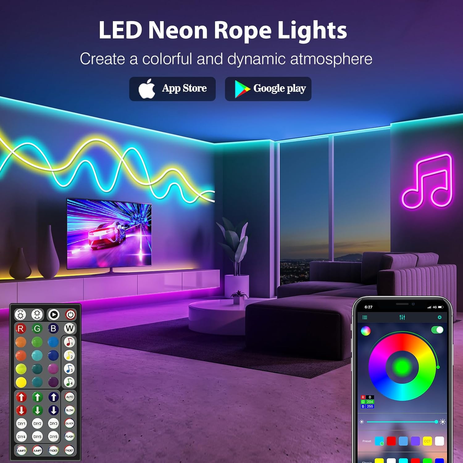 Living room with LED neon rope lights and smartphone app control